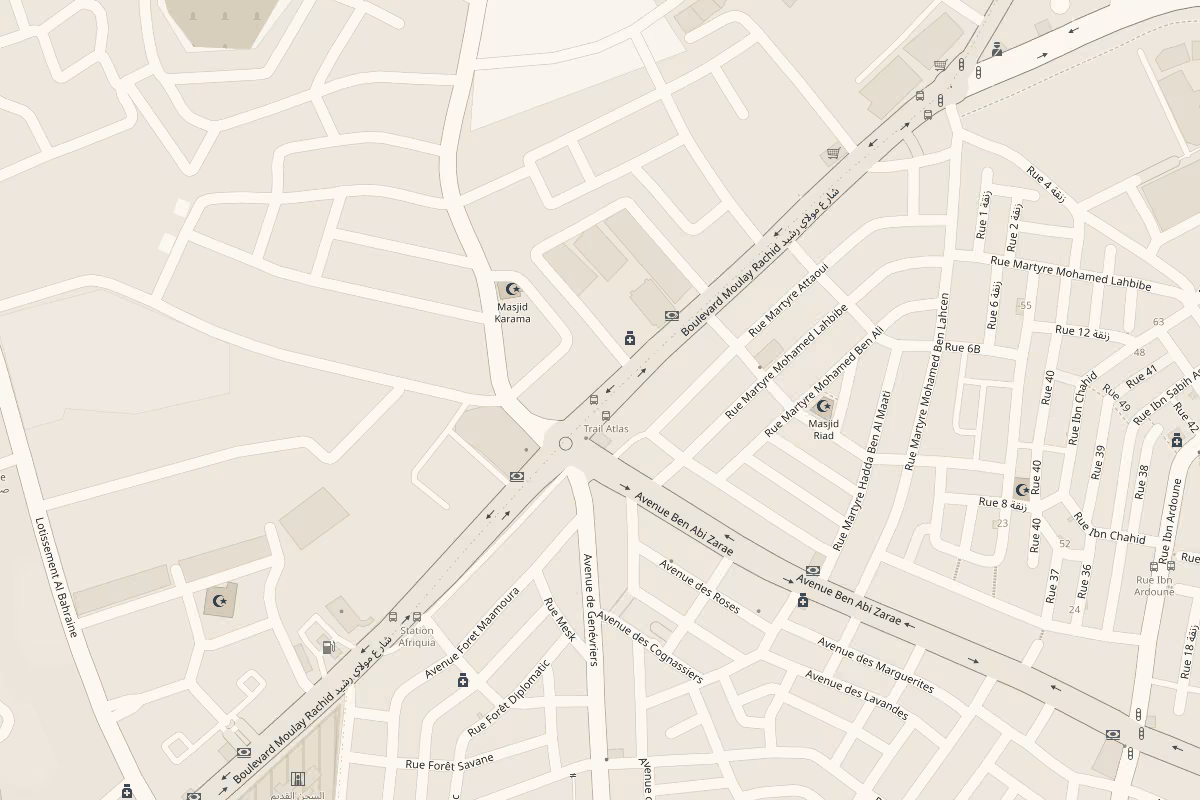 Mapa de las calles alrededor de la avenida Moulay Rachid en Tánger, con Tour Guide Tangier en el centro
