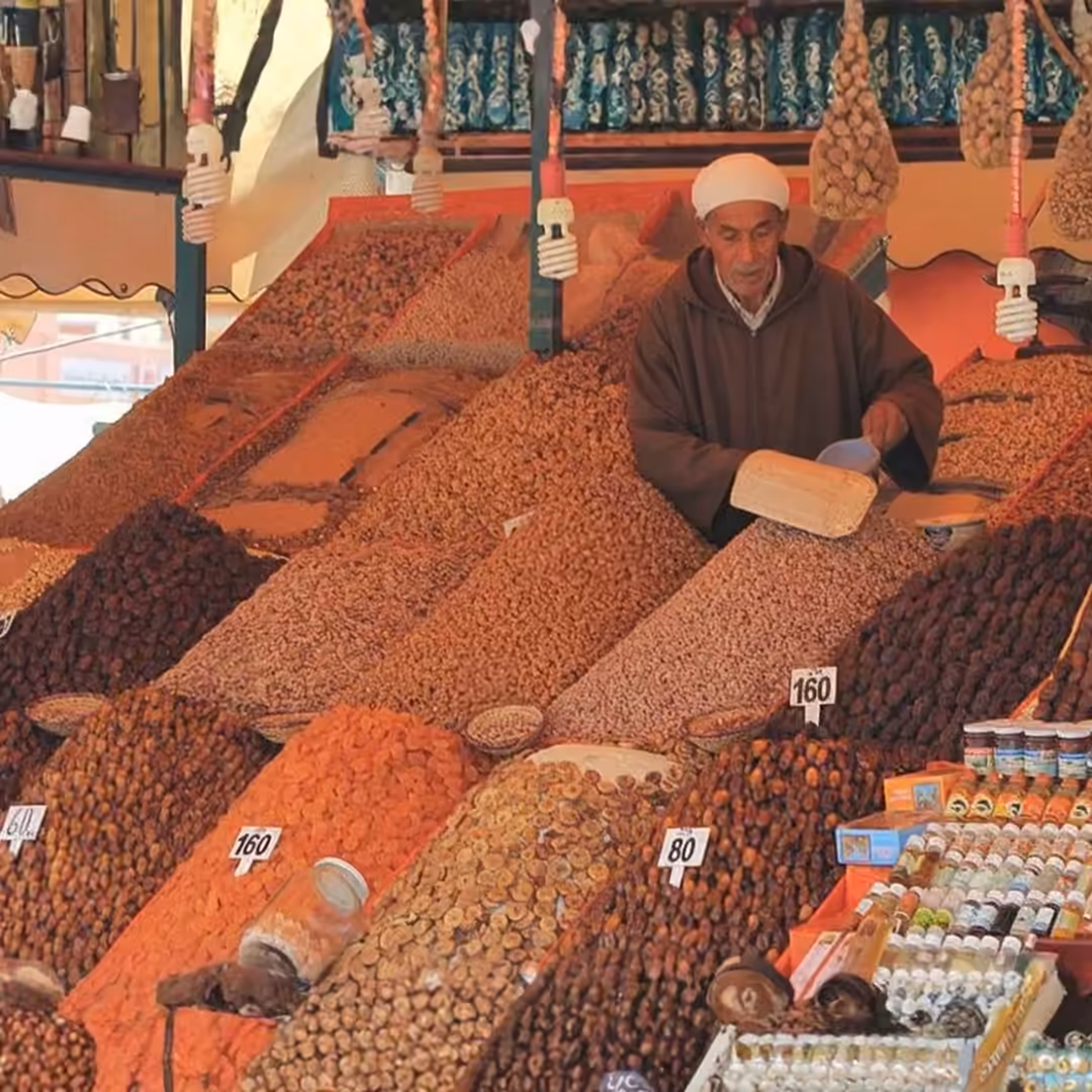 A spice and dried fruit stall in the Tangier market