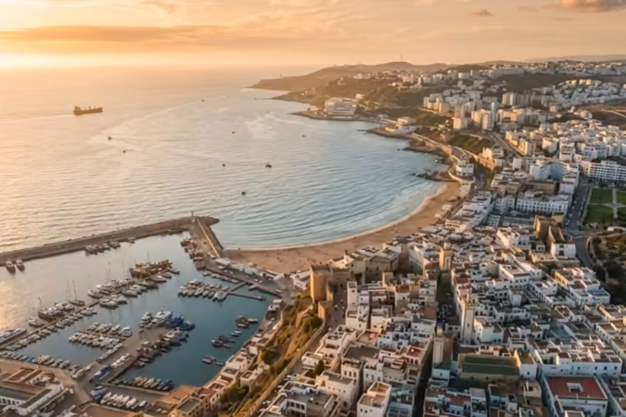 The Atlantic coast and harbour of Tangier seen from above