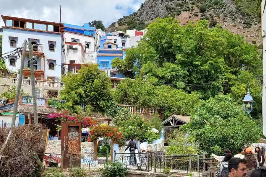 Houses and gardens below the mountain at the edge of Chefchaouen