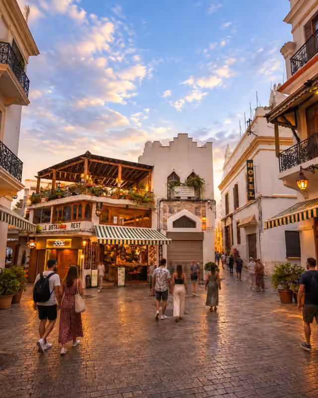 The Petit Socco square in the Tangier medina at dusk