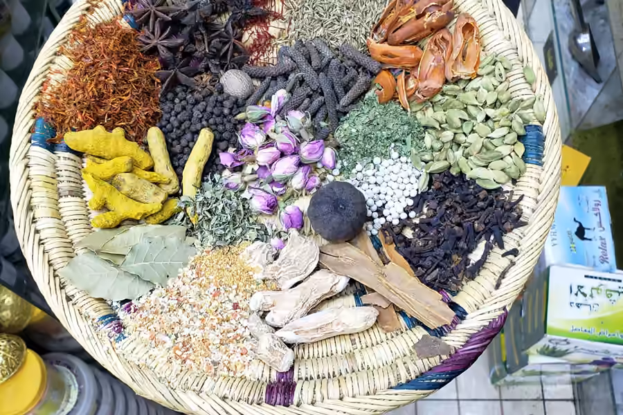 A basket of spices in the Tangier medina