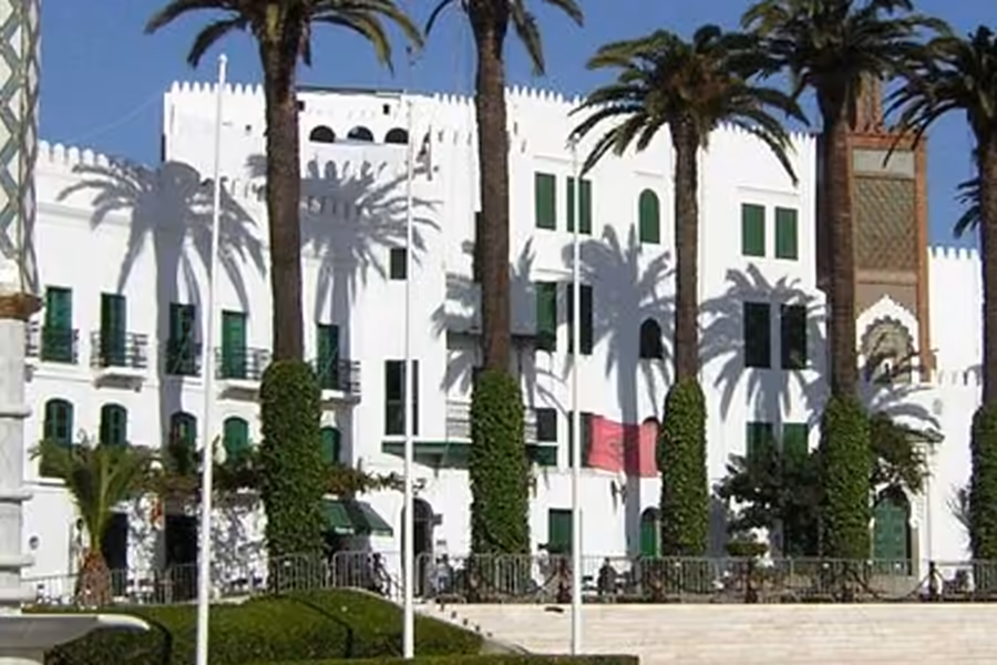 Palm trees and white buildings on the square by the Royal Palace in Tetouan