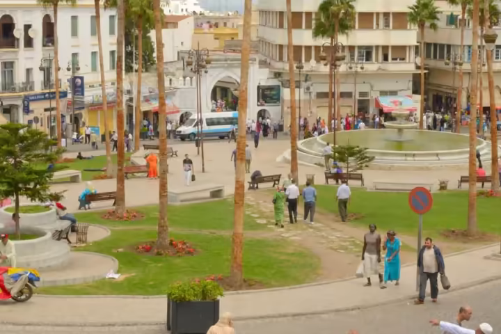 Palm trees and the fountain on the Grand Socco square in Tangier